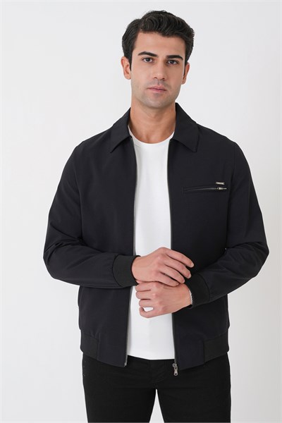 Slim Fit Önü Fermuarlı Etek Kol Ribanalı Esnek Siyah Mont MT 184