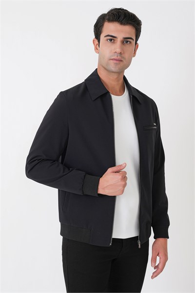 Slim Fit Önü Fermuarlı Etek Kol Ribanalı Esnek Siyah Mont MT 184