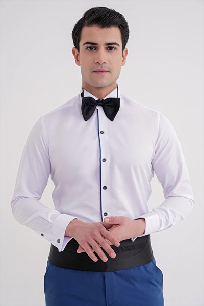 Slim Fit Önü Lacivert Biyeli Ata Yaka Beyaz Smokin Gömlek GK 733