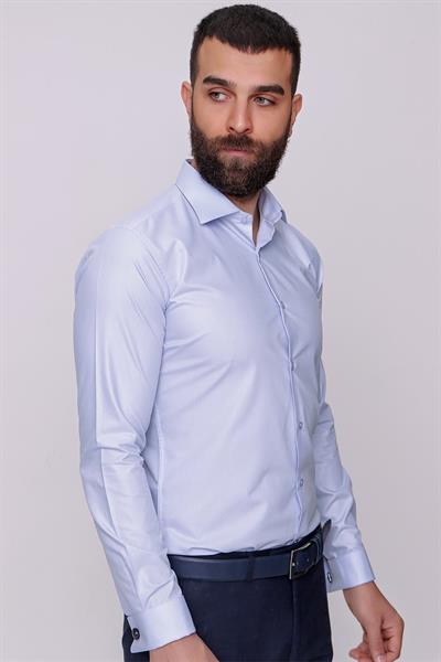 Slim Fit Pamuk Saten Duble Manşetli Klasik Açık Mavi Gömlek  Gk 235