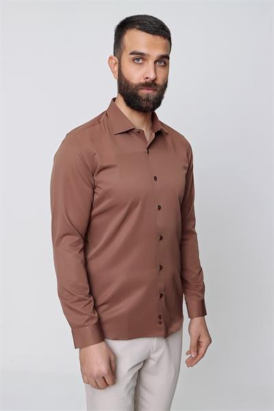 Slim Fit Pamuk Saten Klasik Açık Kahve Gömlek  Gk 604