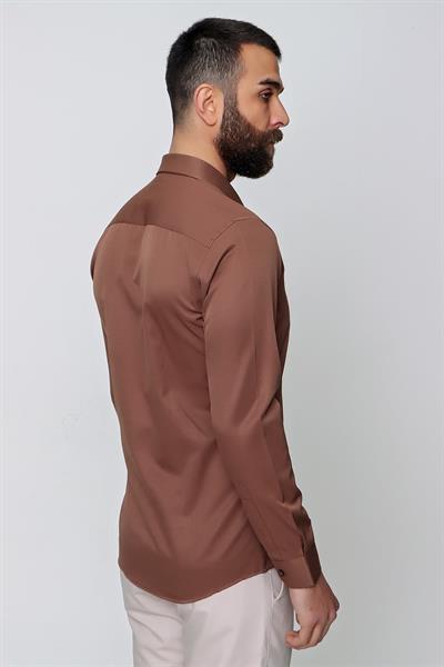 Slim Fit Pamuk Saten Klasik Açık Kahve Gömlek  Gk 604