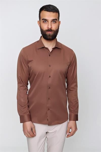 Slim Fit Pamuk Saten Klasik Açık Kahve Gömlek  Gk 604