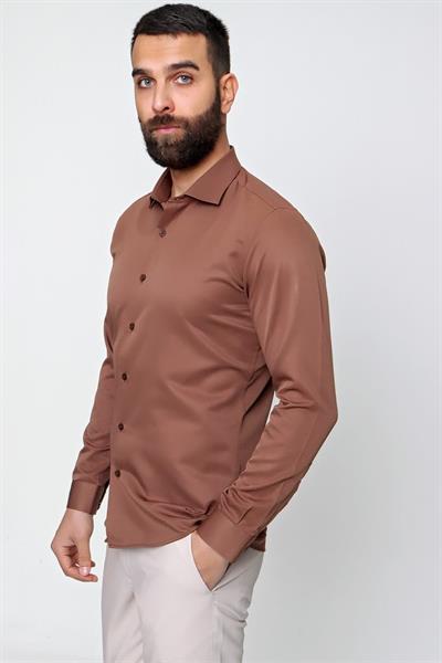 Slim Fit Pamuk Saten Klasik Açık Kahve Gömlek  Gk 604