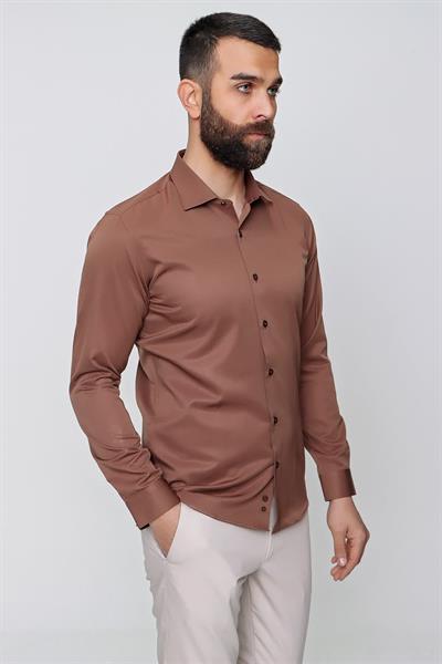 Slim Fit Pamuk Saten Klasik Açık Kahve Gömlek  Gk 604