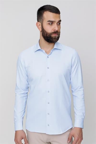 Slim Fit Pamuk Saten Klasik Açık Mavi Gömlek  Gk 604