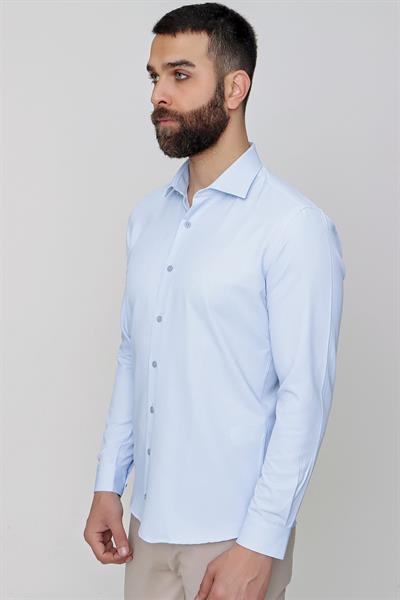 Slim Fit Pamuk Saten Klasik Açık Mavi Gömlek  Gk 604