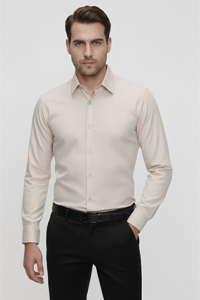Slim Fit Kravat Yaka Pamuk Saten Uzun Kollu Bej Gömlek Gk 624
