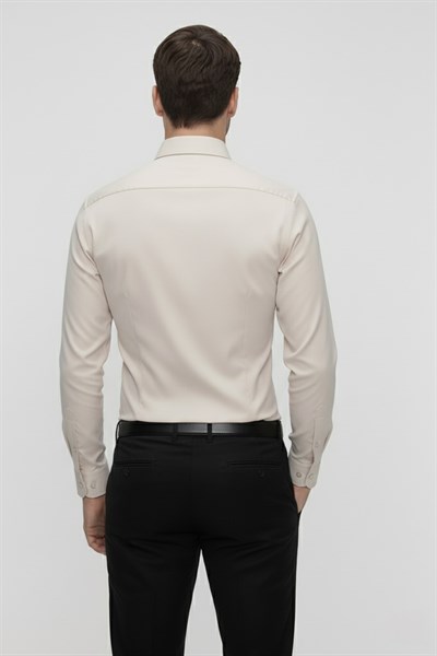 Slim Fit Kravat Yaka Pamuk Saten Uzun Kollu Bej Gömlek Gk 624