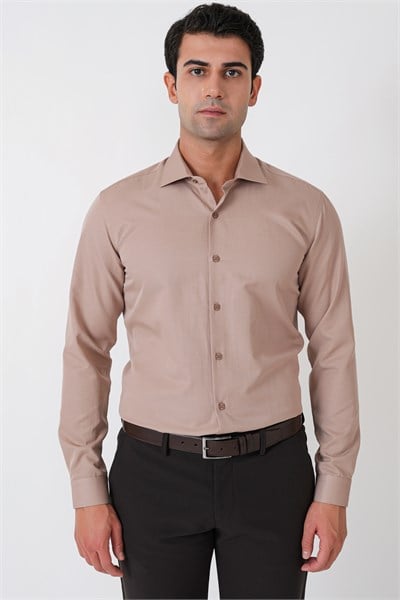 Slim Fit Pamuk Saten Klasik Bej Gömlek Gk 604