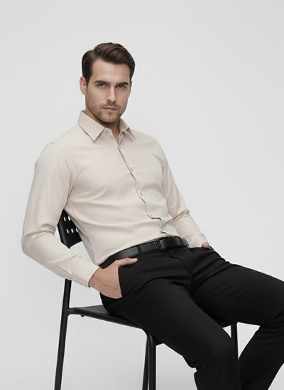 Slim Fit Kravat Yaka Pamuk Saten Uzun Kollu Bej Gömlek Gk 624