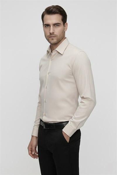 Slim Fit Kravat Yaka Pamuk Saten Uzun Kollu Bej Gömlek Gk 624