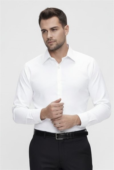 Slim Fit Kravat Yaka Pamuk Saten Uzun Kollu Beyaz Gömlek Gk 624