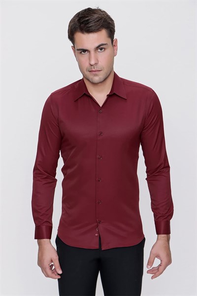 Slim Fit Kravat Yaka Pamuk Saten Uzun Kollu Bordo Gömlek Gk 624