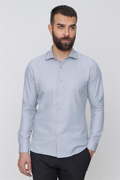 Slim Fit Pamuk Saten Klasik Gri Gömlek  Gk 604