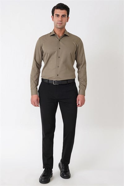 Slim Fit Pamuk Saten Klasik Haki Gömlek Gk 604
