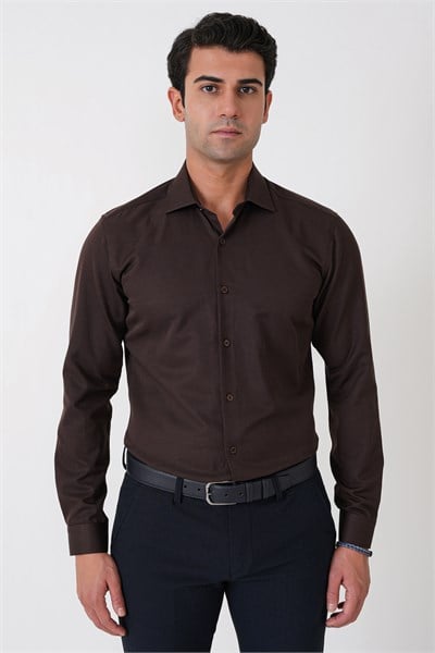 Slim Fit Pamuk Saten Klasik Kahverengi Gömlek Gk 604