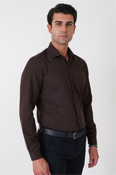 Slim Fit Pamuk Saten Klasik Kahverengi Gömlek Gk 604