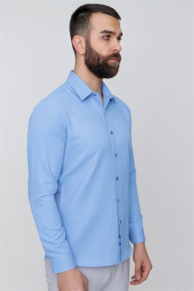 Slim Fit Kravat Yaka Pamuk Saten Uzun Kollu Koyu Mavi Gömlek Gk 624
