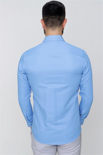 Slim Fit Kravat Yaka Pamuk Saten Uzun Kollu Koyu Mavi Gömlek Gk 624