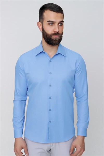 Slim Fit Kravat Yaka Pamuk Saten Uzun Kollu Koyu Mavi Gömlek Gk 624
