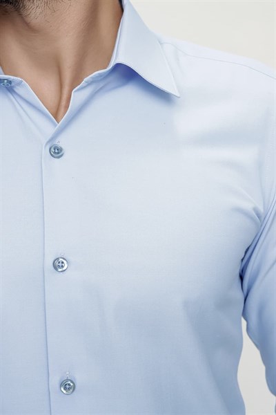 Slim Fit Kravat Yaka Pamuk Saten Uzun Kollu Mavi Gömlek Gk 624