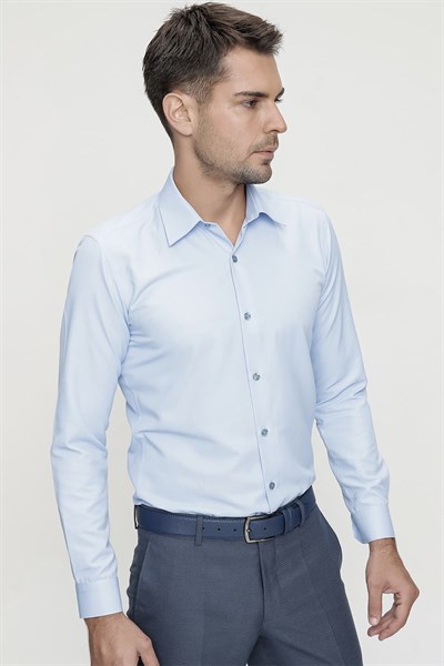 Slim Fit Kravat Yaka Pamuk Saten Uzun Kollu Mavi Gömlek Gk 624