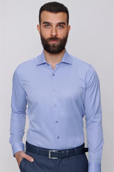 Slim Fit Pamuk Saten Klasik Mavi Gömlek  Gk 604