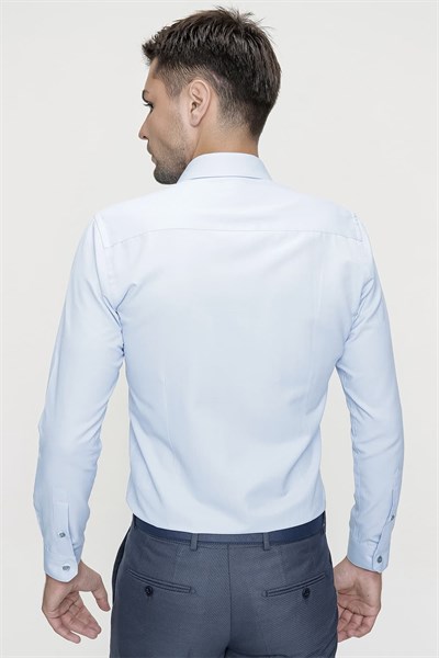 Slim Fit Kravat Yaka Pamuk Saten Uzun Kollu Mavi Gömlek Gk 624