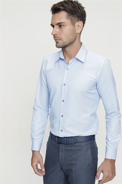 Slim Fit Kravat Yaka Pamuk Saten Uzun Kollu Mavi Gömlek Gk 624