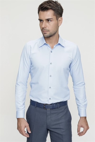 Slim Fit Kravat Yaka Pamuk Saten Uzun Kollu Mavi Gömlek Gk 624