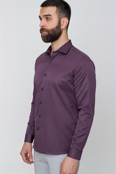 Slim Fit Pamuk Saten Klasik Mor Gömlek  Gk 604