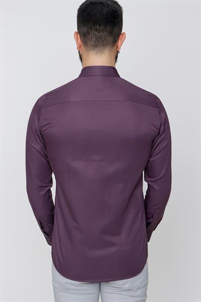 Slim Fit Pamuk Saten Klasik Mor Gömlek  Gk 604