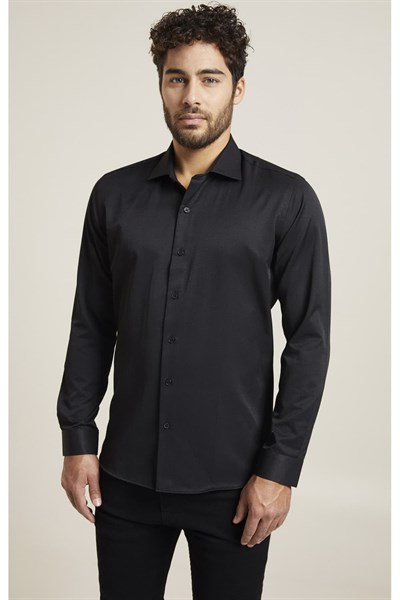 Slim Fit Pamuk Saten Klasik Siyah Gömlek  Gk 604
