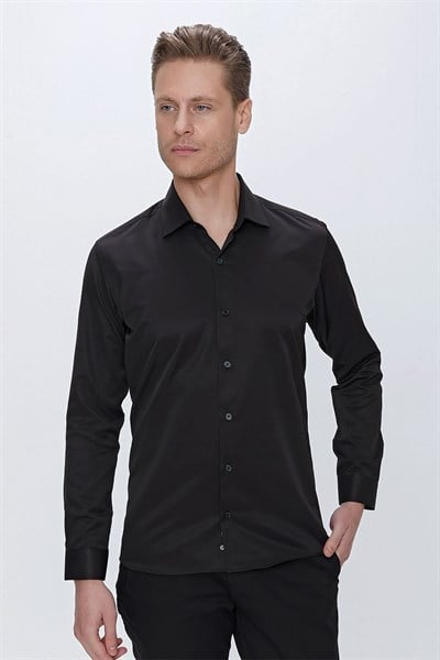 Slim Fit Kravat Yaka Pamuk Saten Uzun Kollu Siyah Gömlek Gk 624