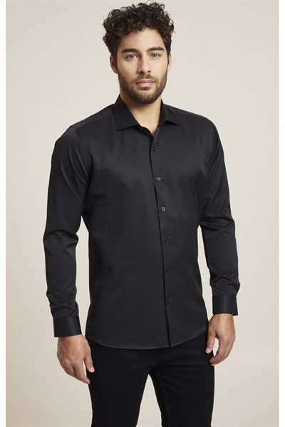 Slim Fit Pamuk Saten Klasik Siyah Gömlek  Gk 604