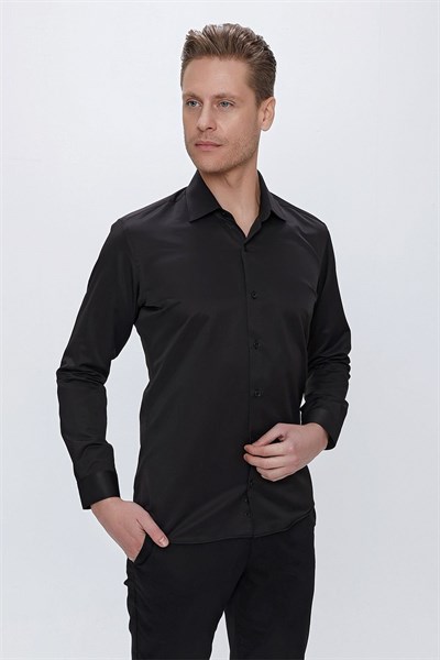 Slim Fit Kravat Yaka Pamuk Saten Uzun Kollu Siyah Gömlek Gk 624