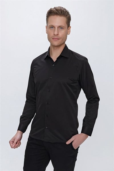 Slim Fit Kravat Yaka Pamuk Saten Uzun Kollu Siyah Gömlek Gk 624