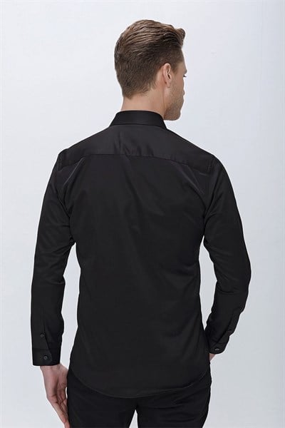 Slim Fit Kravat Yaka Pamuk Saten Uzun Kollu Siyah Gömlek Gk 624