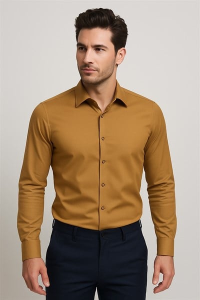 Slim Fit Kravat Yaka Pamuk Saten Uzun Kollu Taba Gömlek Gk 624