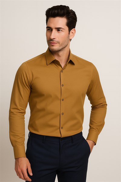 Slim Fit Kravat Yaka Pamuk Saten Uzun Kollu Taba Gömlek Gk 624