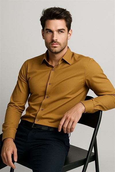Slim Fit Kravat Yaka Pamuk Saten Uzun Kollu Taba Gömlek Gk 624