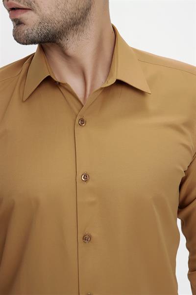 Slim Fit Pamuk Saten Klasik Taba Gömlek  Gk 624