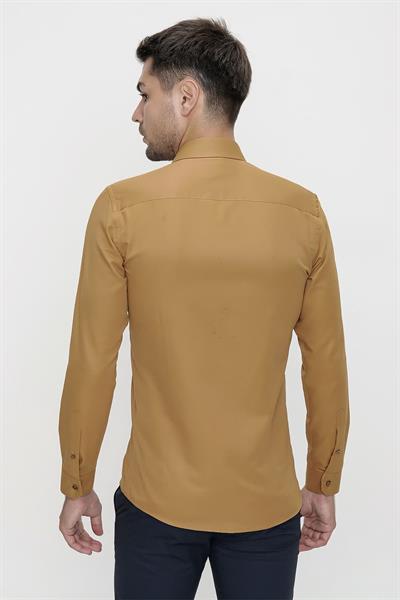 Slim Fit Pamuk Saten Klasik Taba Gömlek  Gk 624