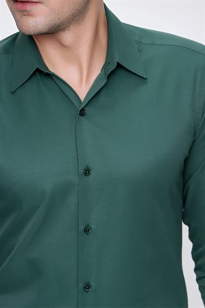 Slim Fit Pamuk Saten Klasik Yeşil Gömlek  Gk 624
