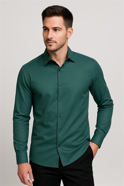 Slim Fit Pamuk Saten Klasik Yeşil Gömlek  Gk 624