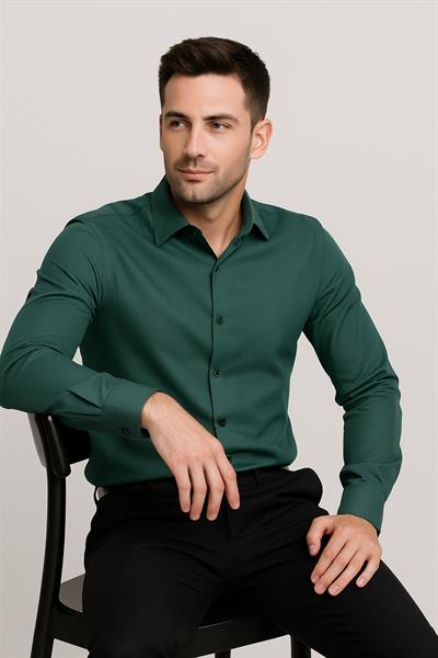 Slim Fit Pamuk Saten Klasik Yeşil Gömlek  Gk 624