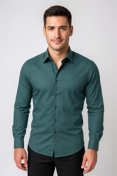 Slim Fit Pamuk Saten Klasik Yeşil Gömlek  Gk 624