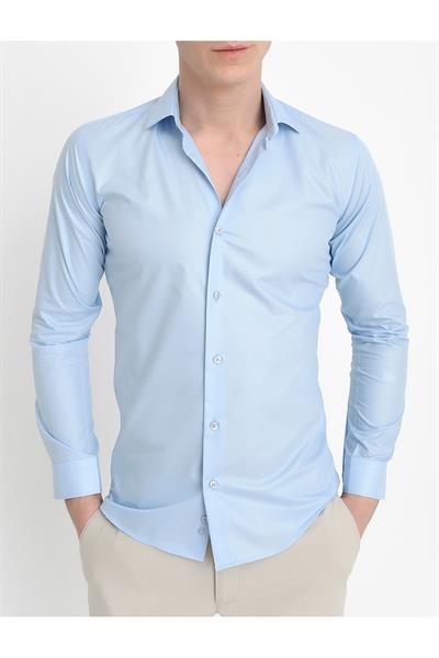 Slim Fit Pamuk Saten Uzun Kol Klasik Açık Mavi Gömlek  Gk 157