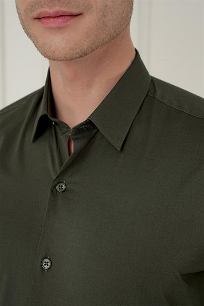 Slim Fit Erkek Yaka Esnek Pamuk Uzun Kol Haki Gömlek GK 745